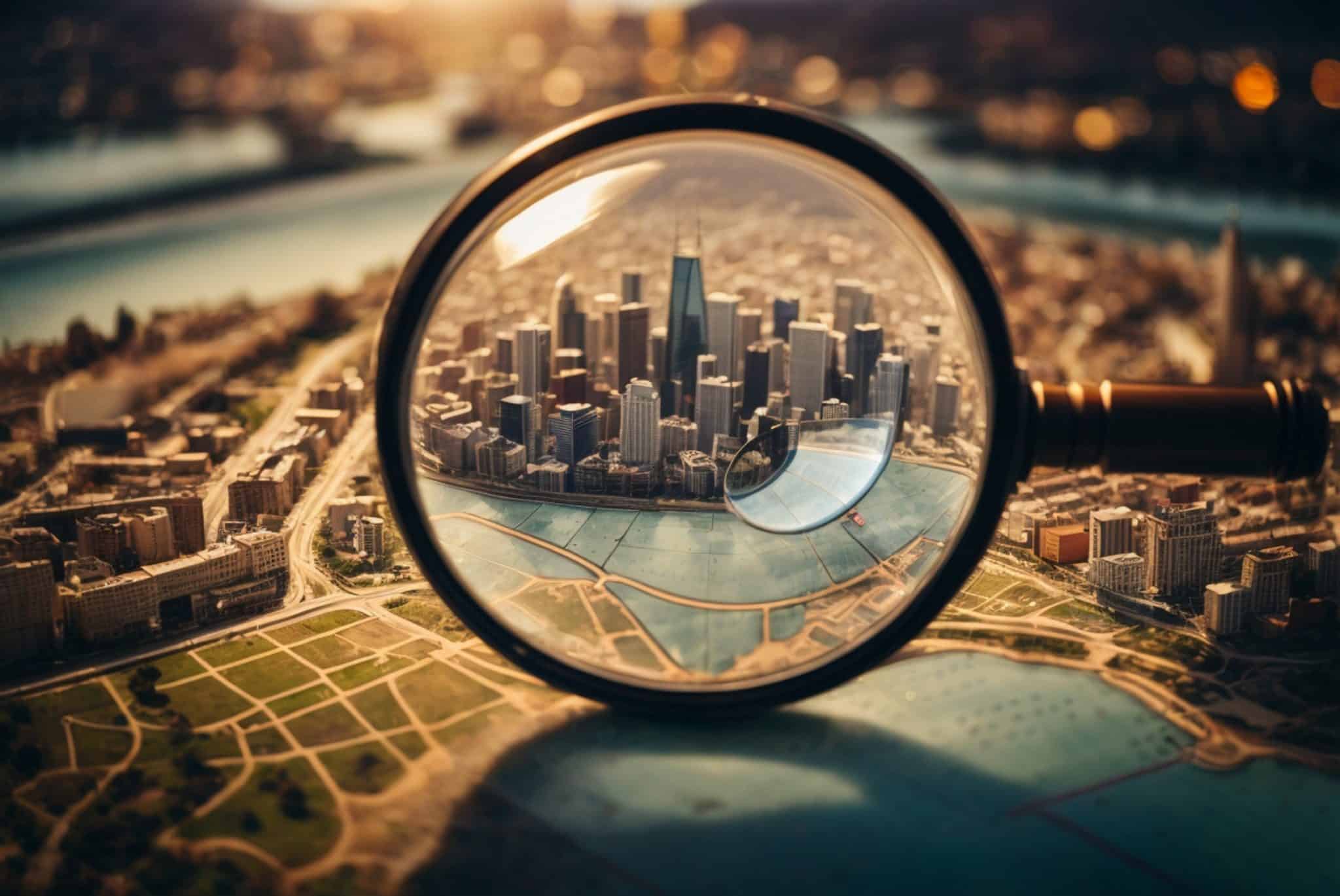 A Magnifying Glass Hovering Over A Map Of The City, Searching For The Perfect Real Estate Investment