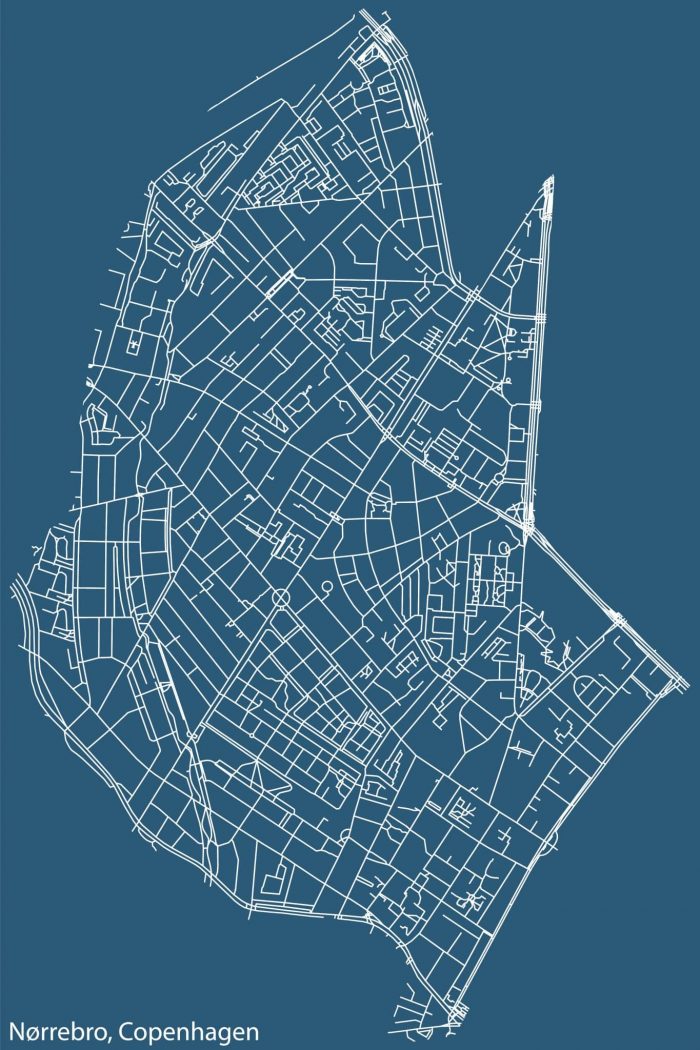 Detailed Navigation Urban Street Roads Map On Vintage Beige Background Of The Quarter Nørrebro District Of The Danish Capital City Of Copenhagen Municipality, Denmark